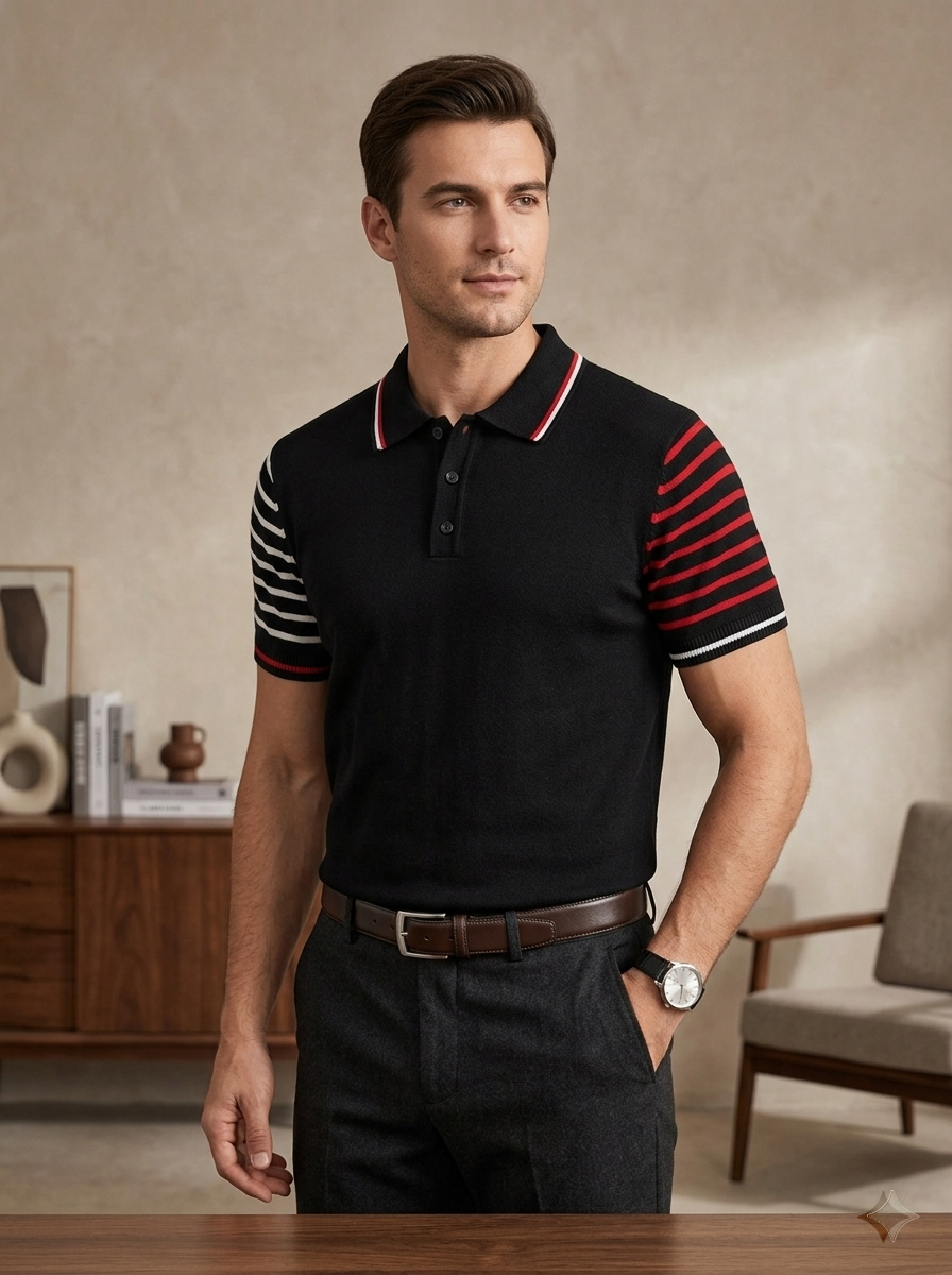 Tzag flate Knited polo black Striped